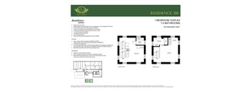 A floor plan for a residence with a kitchen, bathroom, and living room.