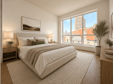 A bedroom with a large bed and a view of the city.