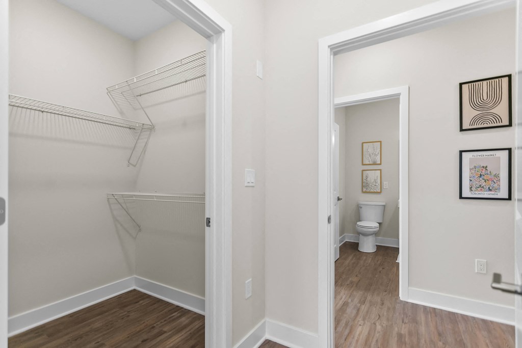A white closet with a toilet in the background.