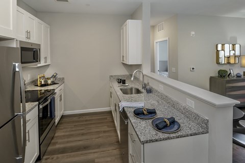 a kitchen with granite counter tops and stainless steel appliances at Eden & Main 55+ Apartments, Connecticut, 06489