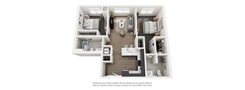 A floor plan of a small apartment with a kitchen, living room, and two bedrooms.