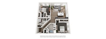 A floor plan of a two-bedroom apartment with a living room, kitchen, and bathroom.