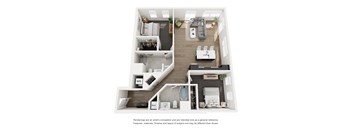 A floor plan of a small apartment with a kitchen, living room, and bathroom.