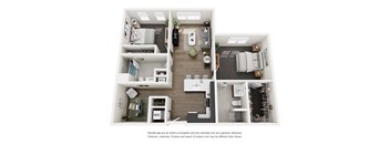 A floor plan of a small apartment with a kitchen, living room, and two bedrooms.