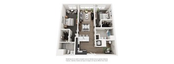A floor plan of a house with a kitchen, living room, dining room, and bathrooms.