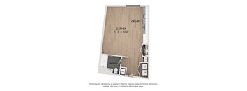 A drawing of a room with a gathering area and a kitchenette.