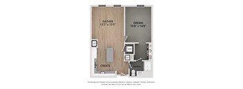 A floor plan of a room with a section labeled "GATHER" and another labeled "DREAM".