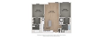 bedrooms, a living room, a dining room, a kitchen, and a bathroom.