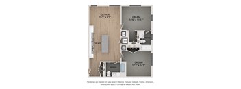 A floor plan of a room with a gather area, a dream area, and a refresh area.