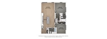 A floor plan of a two-bedroom apartment with a living room, kitchen, and bathroom.