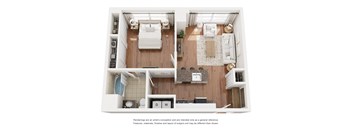 A top-down view of a modern, minimalist apartment layout.