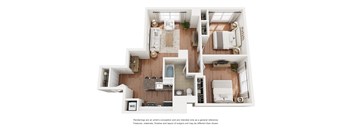 A top-down view of a modern, open-plan apartment layout with a kitchen, living room, and bedrooms.