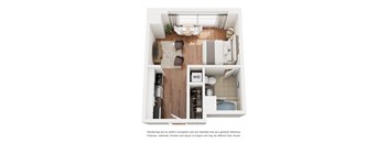 A floor plan of a small apartment with a kitchen, living room, and bathroom.