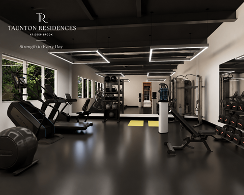 A gym with a variety of equipment is part of the Taunton Residences at Deep Brook.