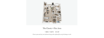 A floor plan of a one bedroom apartment with a flex area.