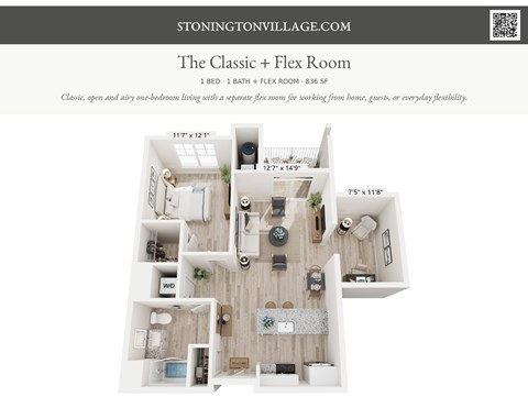A floor plan of a one bedroom apartment with a separate flex room.