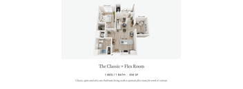 A floor plan of a one bedroom apartment with a separate flex room.