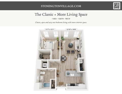 A floor plan of a one bedroom, one bathroom apartment with a living space.