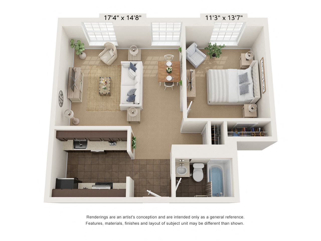 1 bed 1 bath CT1a_Flat Floor Plan at Clocktower and Velvet Mill Apartments, Connecticut, 06040