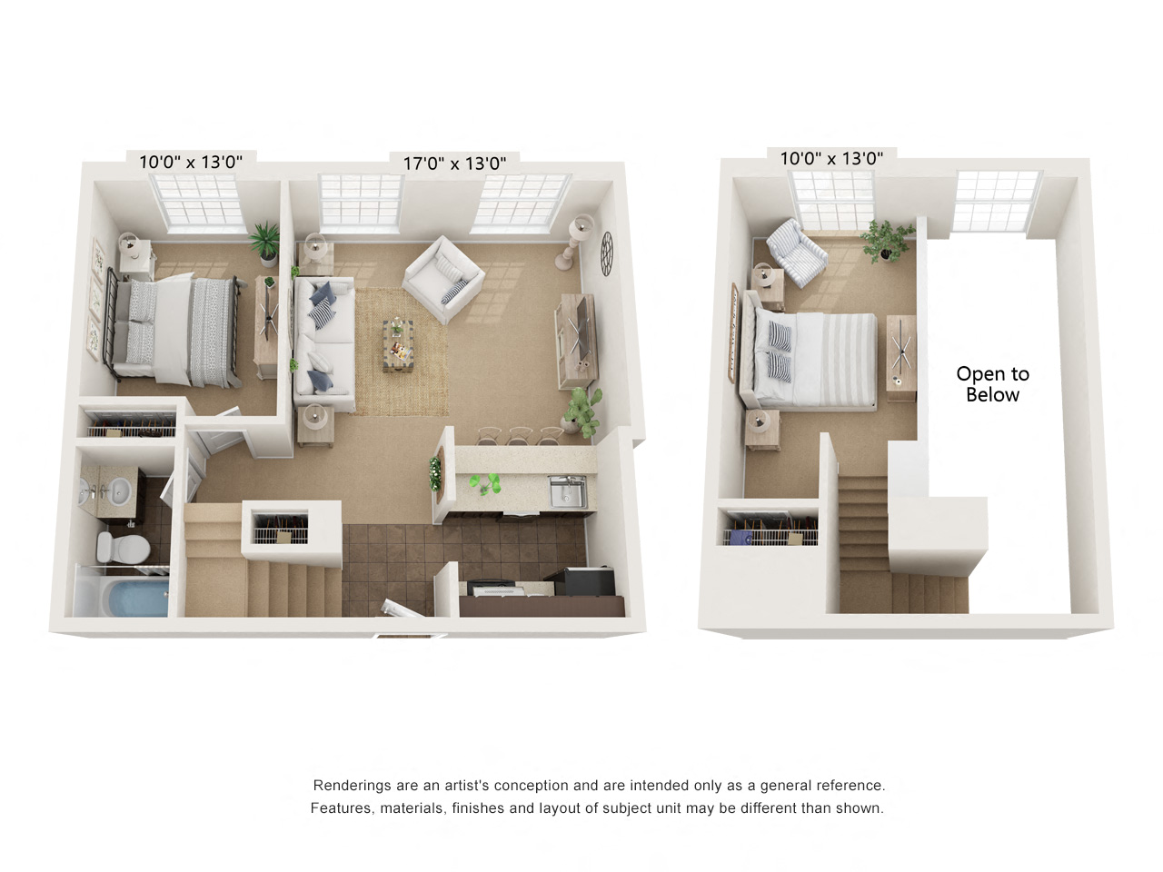 1 bed 1 bath CT1a_Loft Floor Plan at Clocktower and Velvet Mill Apartments, Manchester, CT, 06040