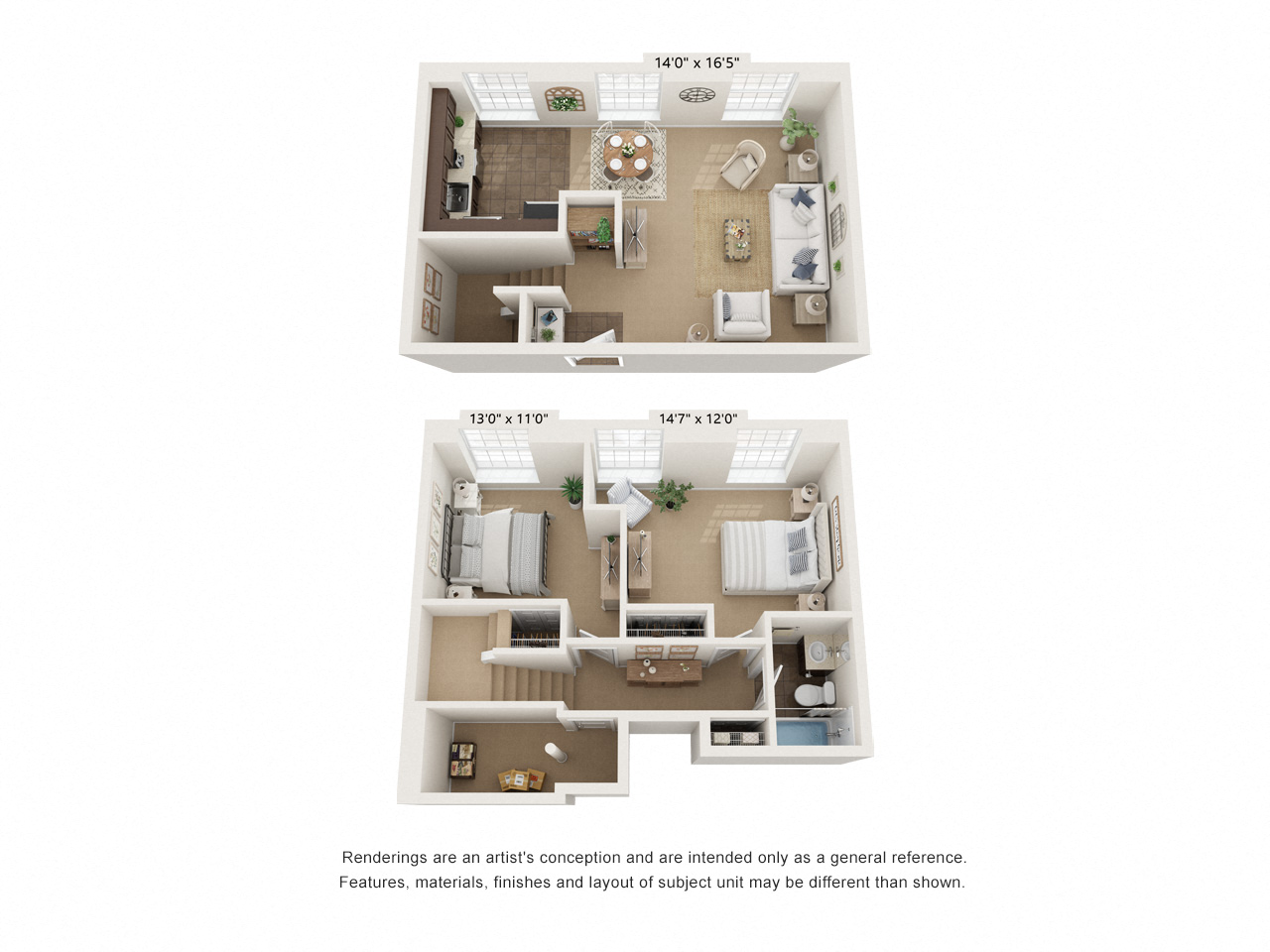 2 bed 2 bath CT2adpx_TH Floor Plan at Clocktower and Velvet Mill Apartments, Manchester, 06040