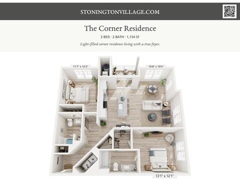 A floor plan of a 2 bedroom, 2 bathroom residence at 1,134 square feet.