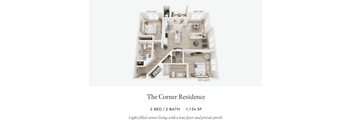 A floor plan of a corner residence with two bedrooms and two bathrooms.
