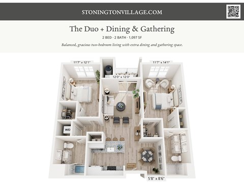 A floor plan of a two bedroom, two bathroom apartment with a dining and gathering space.