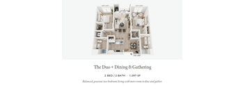 A floor plan of a two bedroom, two bathroom apartment.