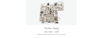 A floor plan of a duplex apartment with two bedrooms and two bathrooms.