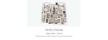 A floor plan of a two bedroom, two bathroom apartment with a gathering area.