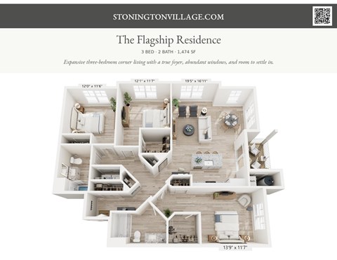 A floor plan of a 3 bedroom, 2 bathroom residence with a 1474 square foot area.