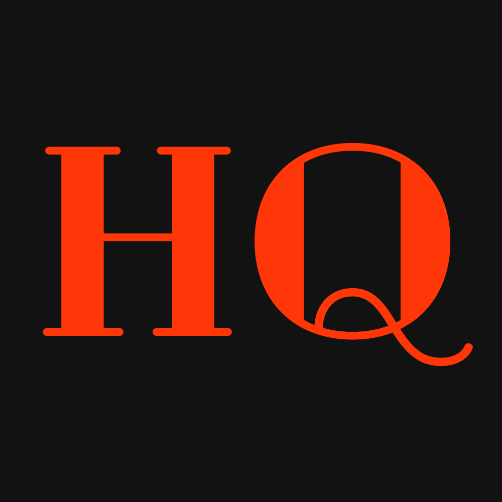 The image features a bold, red letter "H" followed by a stylized red letter "Q".