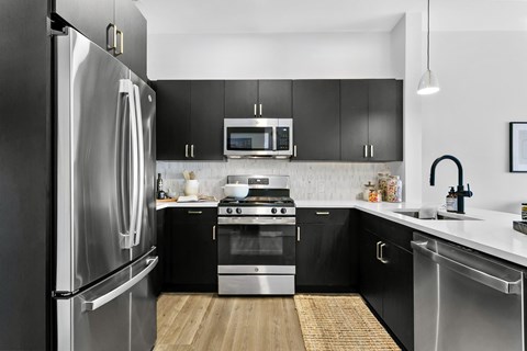 A modern kitchen with black cabinets and stainless steel appliances.