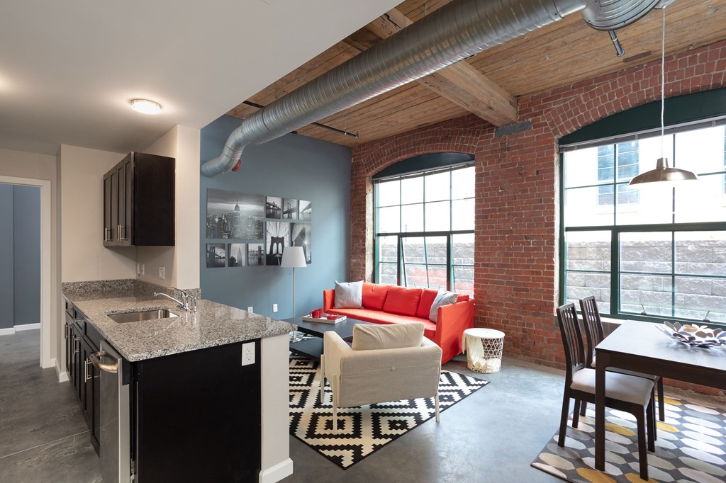 a living room and kitchen a living room and kitchen at Cherry Street Lofts, Bridgeport