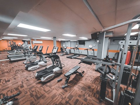 a gym with cardio machines and weights on a wooden floor at Stepny Place, Rocky Hill, CT, 06067