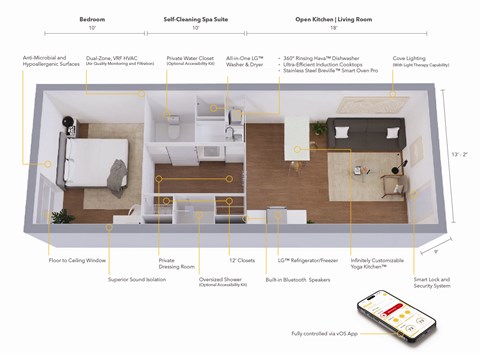 A diagram of a small apartment layout with a bedroom, spa suite, and open kitchen/living room.