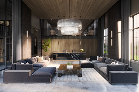 A modern living room with a large grey sofa set and a wooden ceiling.