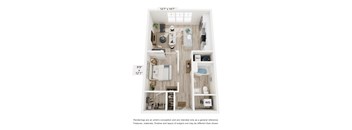 A floor plan of a small apartment with a kitchen, living room, and bathroom.
