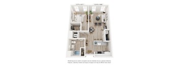 A floor plan of a two-bedroom apartment with a living room, kitchen, and bathroom.