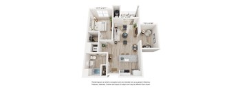A floor plan of a two-bedroom apartment with a living room, kitchen, and bathroom.