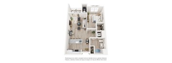A floor plan of a small apartment with a kitchen, living room, and bathroom.