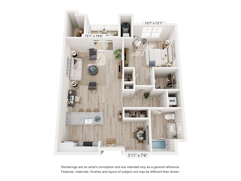 A floor plan of a house with a living room, kitchen, and two bedrooms.