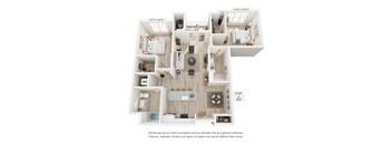 A floor plan of a house with a living room, kitchen, and two bedrooms.