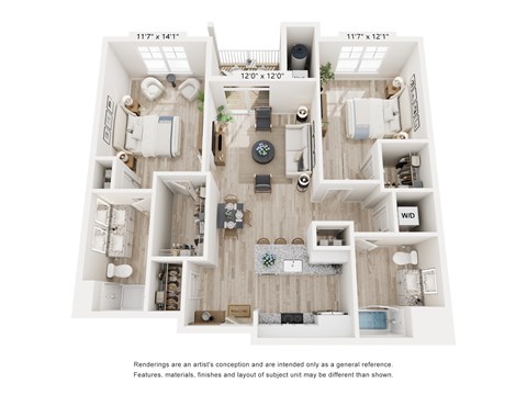 A floor plan of a two-bedroom apartment with a living room, kitchen, and bathroom.