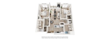 A floor plan of a two-bedroom apartment with a living room, kitchen, and bathroom.