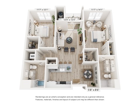 A floor plan of a two-bedroom apartment with a living room, kitchen, and bathroom.