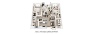A floor plan of a two-bedroom apartment with a living room, kitchen, and bathroom.