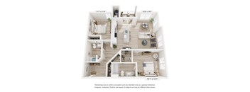 A floor plan of a house with a living room, kitchen, and two bedrooms.