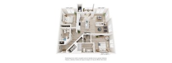 A floor plan of a house with a living room, dining room, kitchen, and two bedrooms.